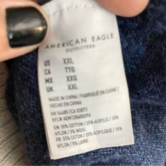 American Eagle Pullover Hoodie Mens XXL Knit Sweater Fair Isle Spellout Blue - Picture 5 of 8